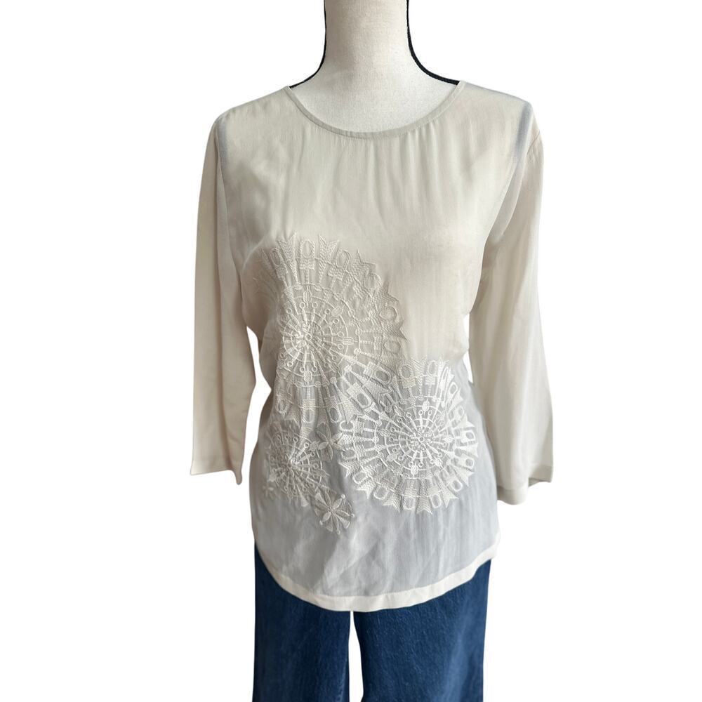 St. Emile Women’s 100% Silk Blouse Embroidered Front White Long Sleeve Size M